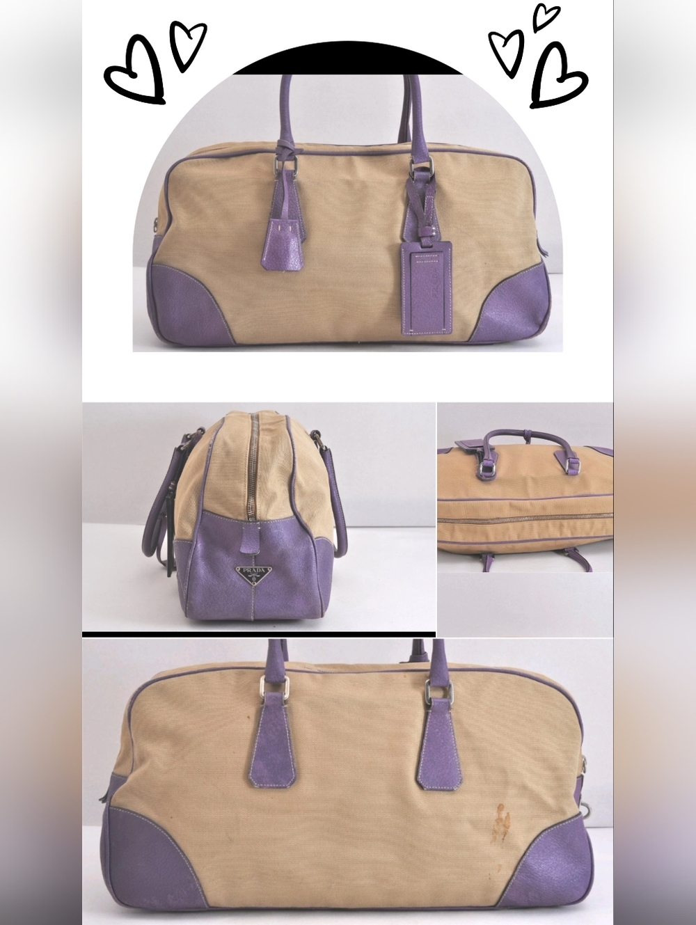 Authentic pre-owned vintage Prada bowler bag beige canvas with purple leather
